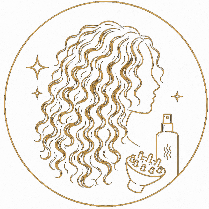 Line drawing of a woman with curly hair, holding a bowl with hair clips and a spray bottle, surrounded by stars.