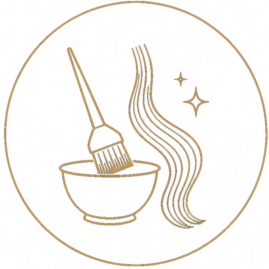 Gold outline illustration of a skincare or cosmetic mask brush in a bowl, with wavy lines representing steam or aroma, and three small shining stars.
