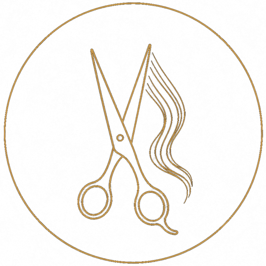 Stylized illustration of a pair of scissors cutting a lock of hair, with a circular border.