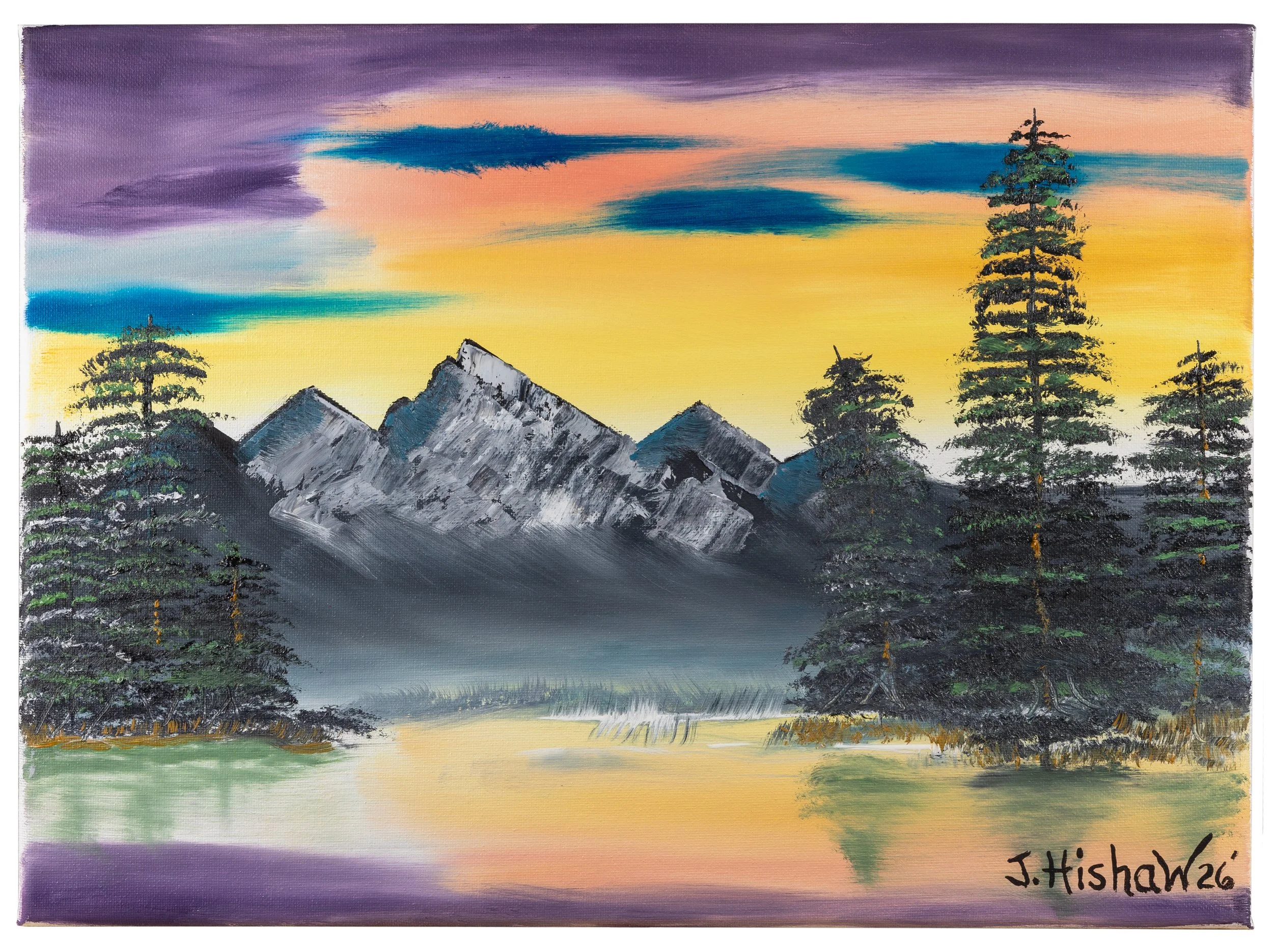 Sunset over mountains with trees in the foreground, painted in vibrant colors. Signed by J. Tishaw, 26.