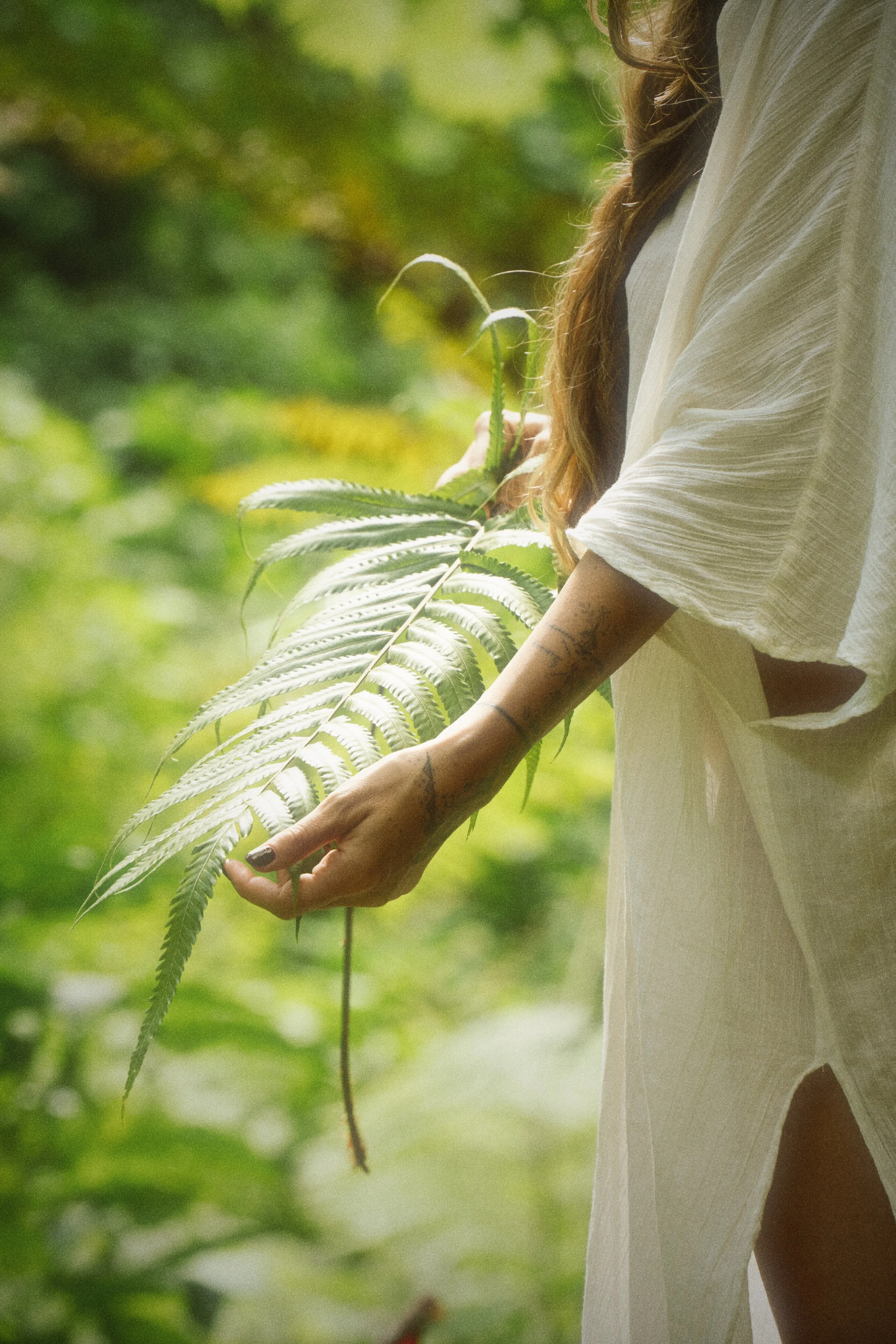 Person holding a fern plant outdoors, wearing a white dress with torn edges, with green blurred foliage in the background.