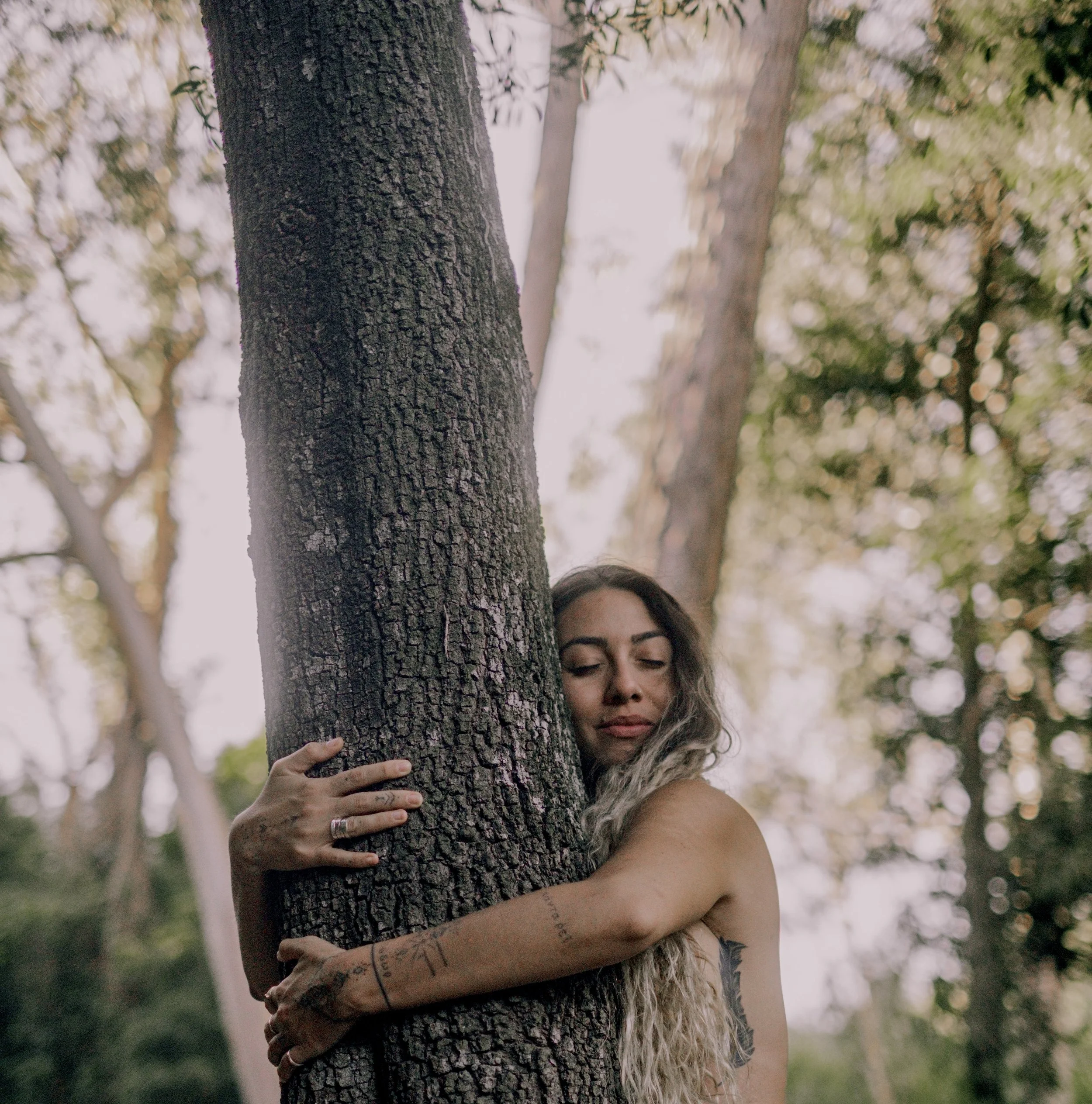 A woman with long hair and tattoos hugging a tree outdoors during daytime, with blurred trees and sunlight in the background.