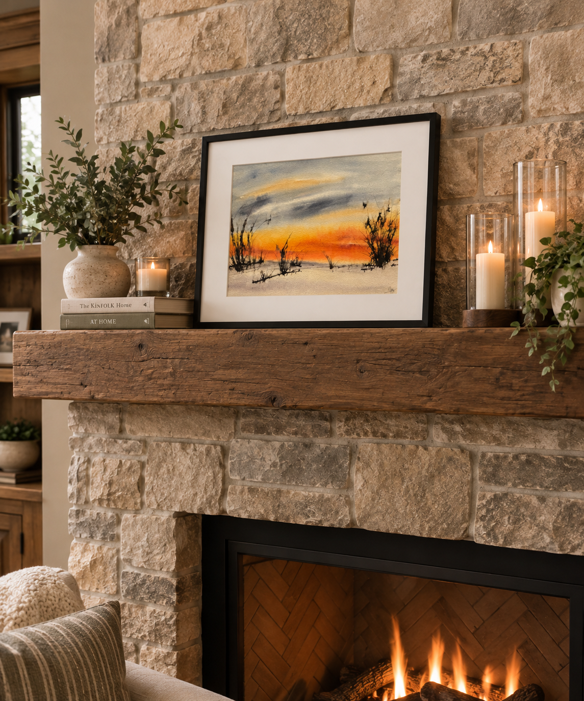 Cozy Farmhouse Fireplace with Sunset Art.png