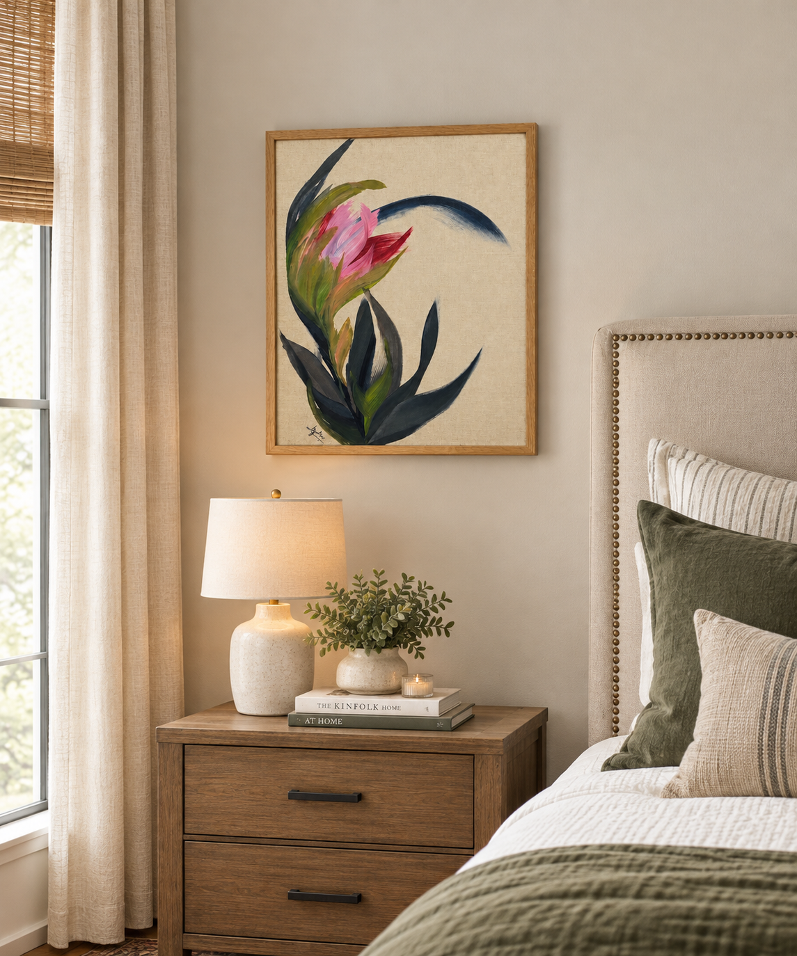 Cozy Farmhouse Bedroom with Floral Art.png