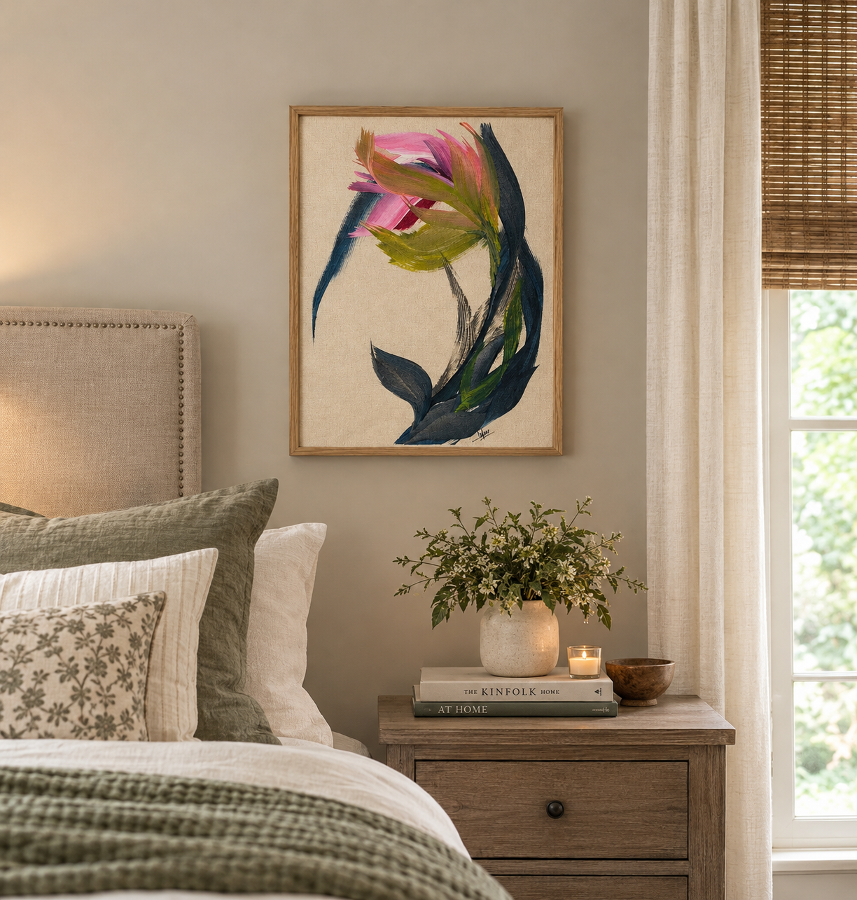 Cozy Bedroom with Floral Artwork.png