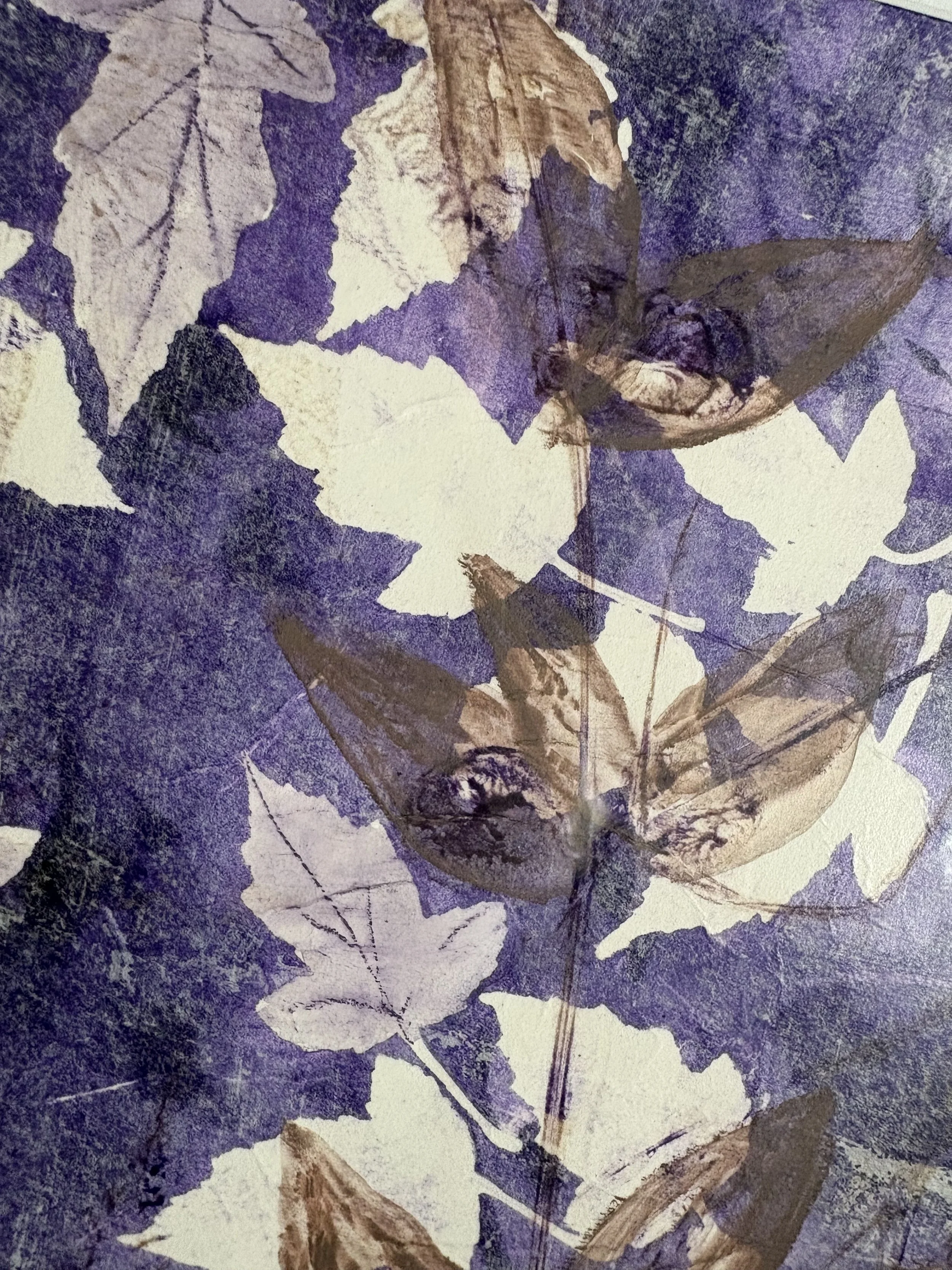 Close-up of fallen autumn leaves in shades of brown, beige, and purple on a textured surface.