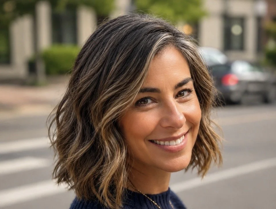 A woman with shoulder-length wavy brown hair and a friendly smile, standing outdoors near a crosswalk on a city street.