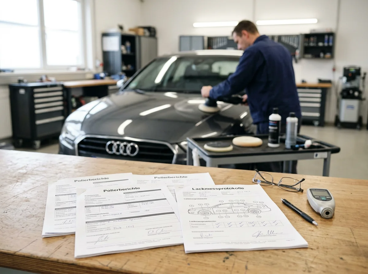 Ein Mann poliert die Oberfläche eines schwarzen Audi-Fahrzeugs in einer Werkstatt, im Vordergrund liegen Berichte, eine Brille, ein Stift, ein Messgerät und Reinigungsmittel.