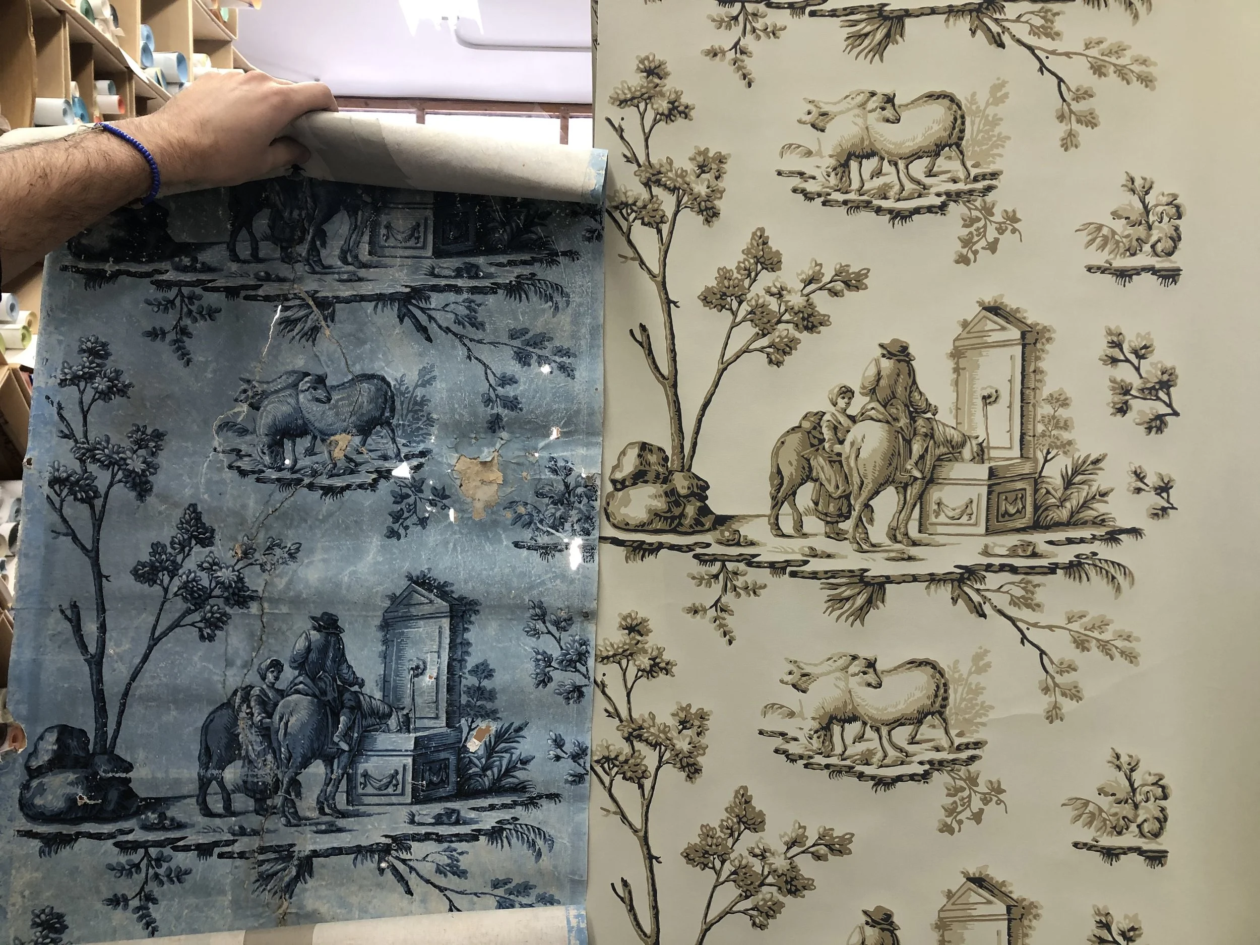 Toile de la Fontaine, France, c. 1815–1820. Historical document beside the reproduction in another colorway. © Jessica Marx