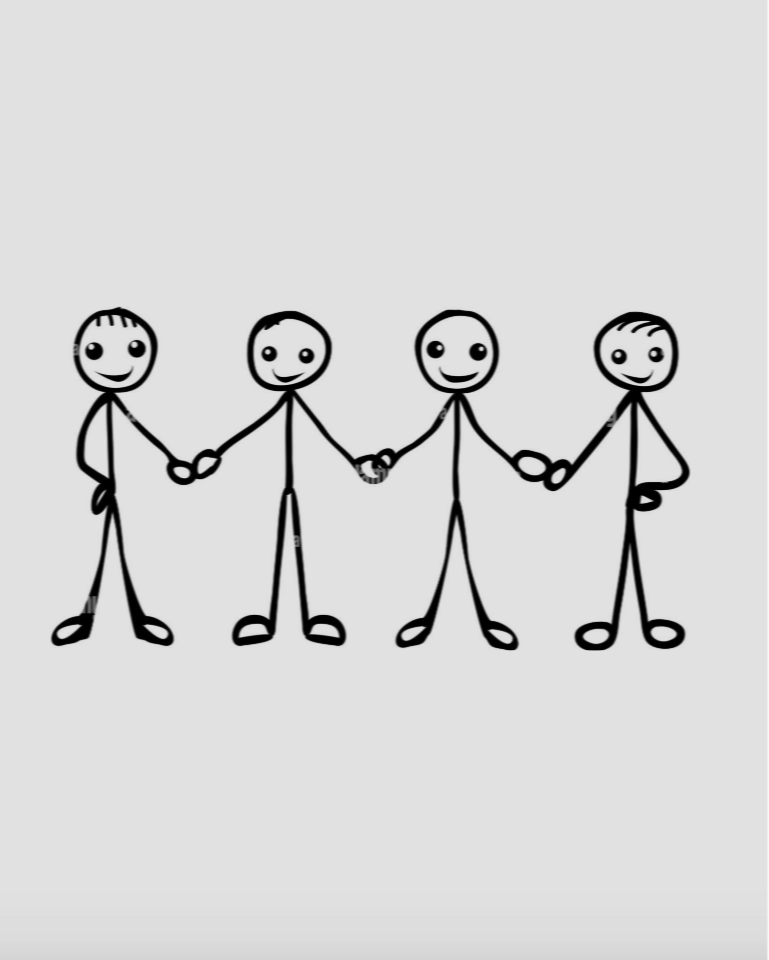 Four stick figures holding hands in a line, smiling, with a gray background.