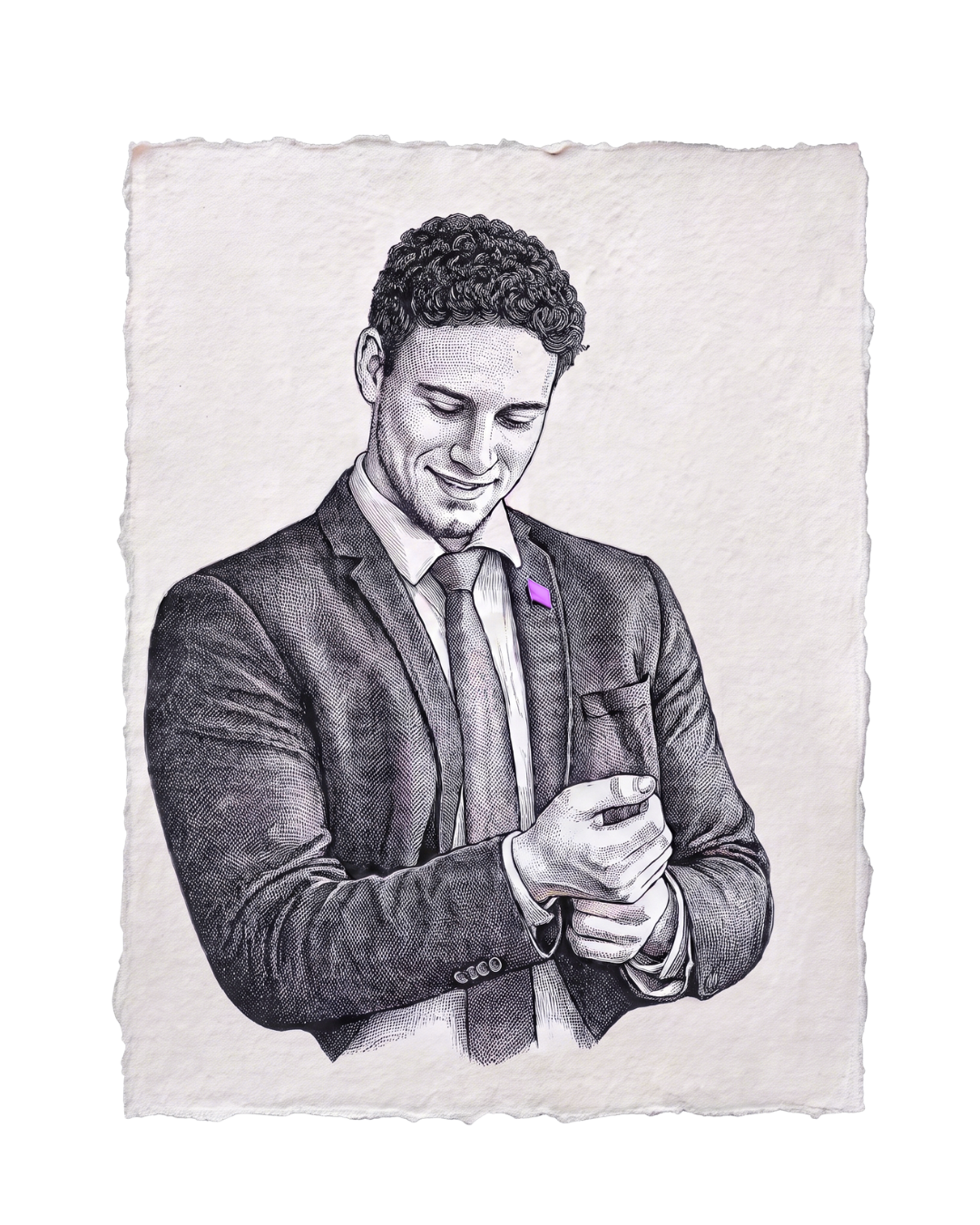 Illustration eines Mannes im Anzug, der auf sein Smartphone schaut und lächelt. Name "Max Neuber"