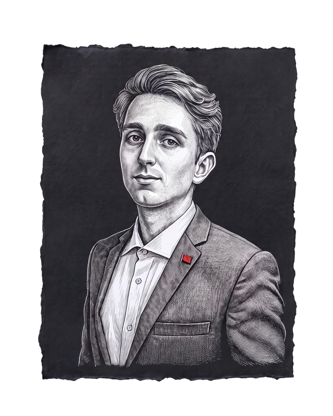 Schwarz-weiß Portrait eines Mannes in Anzug mit Hemd, mit gezielt detailierter Zeichnungstechnik. Name "Leonard Olschewski"