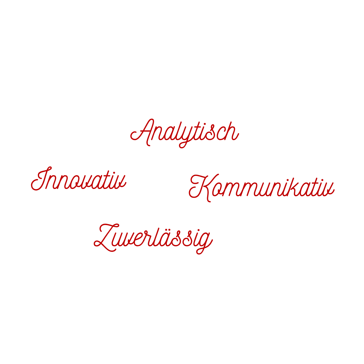 Diagramm mit deutschen Begriffen: analytisch, innovativ, kommunikativ, übersichtlich auf einem schwarzen Hintergrund, mit roten Schriftzügen.