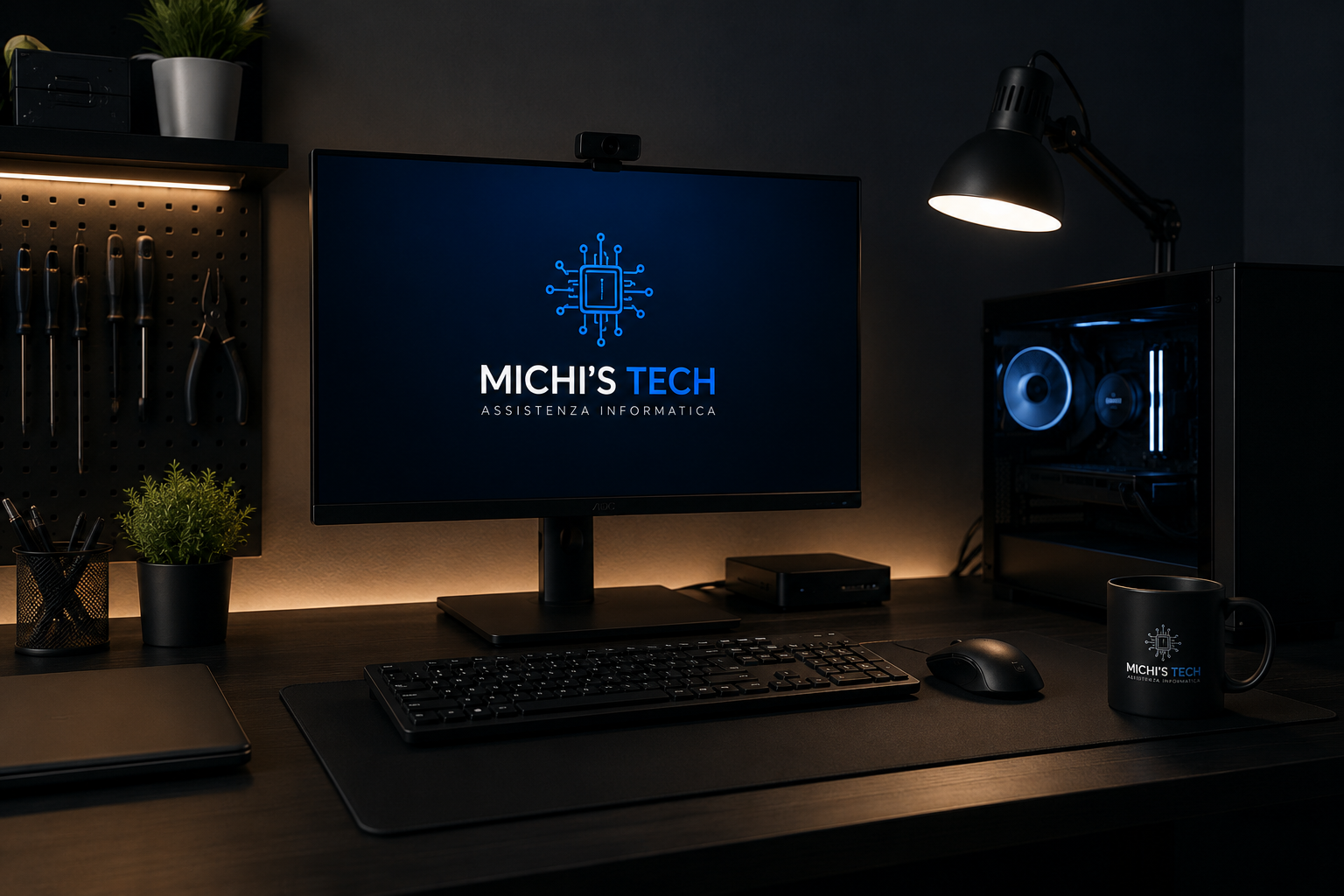 Postazione di lavoro con monitor, tastiera, mouse, tazza personalizzata e equipaggiamento tecnologico, in un ambiente con illuminazione soffusa e pareti scure.