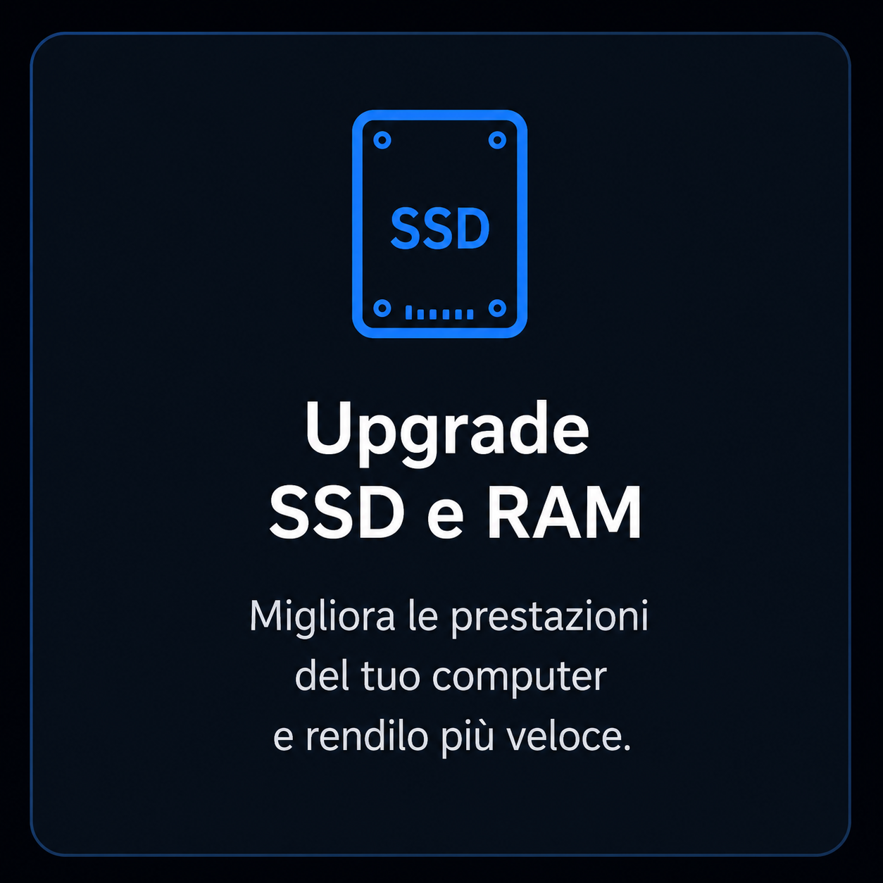 Schermata con icona di un disco SSD e testo che invita ad aggiornare SSD e RAM per migliorare le prestazioni del computer.