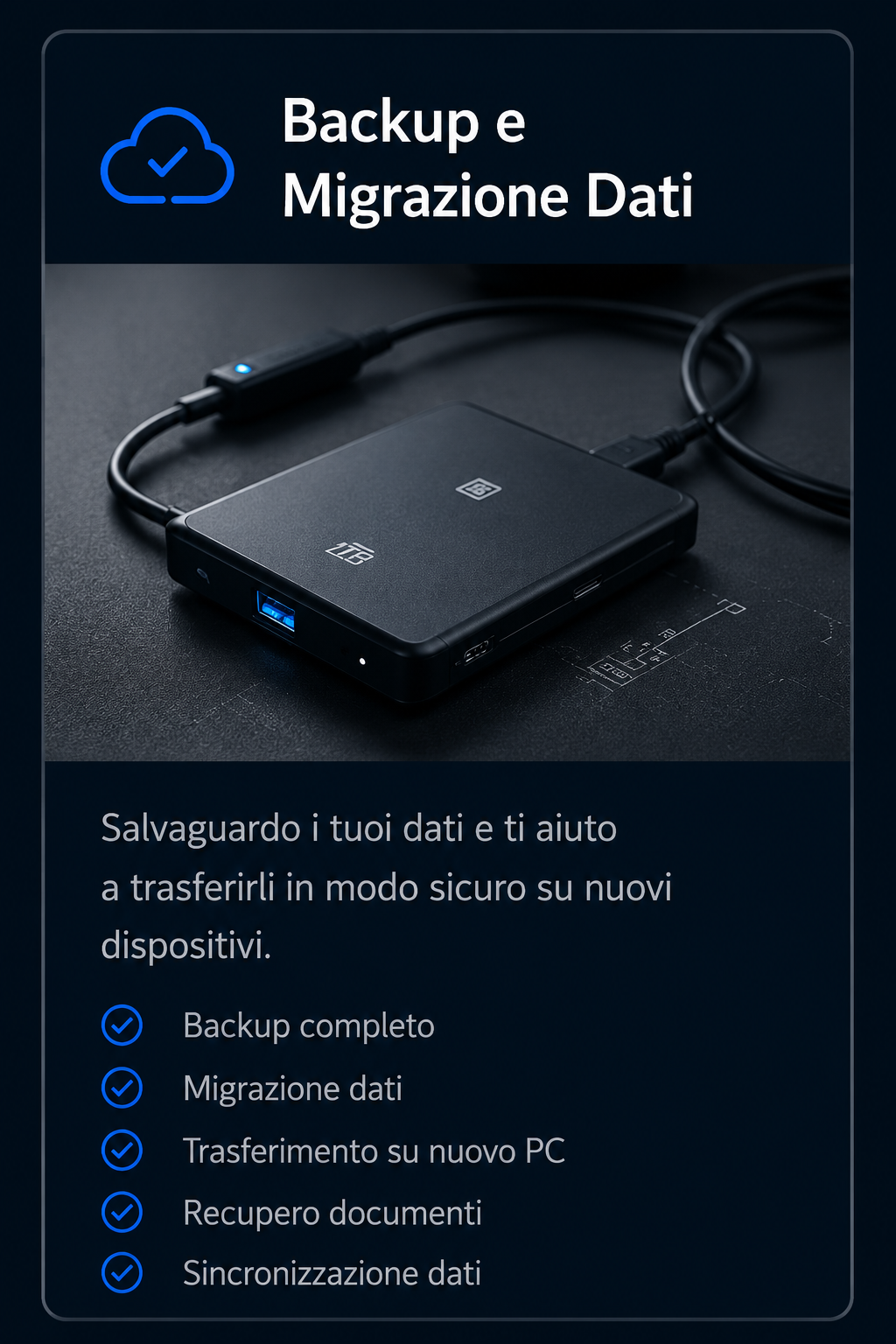 Schermata che promuove un dispositivo di backup e migrazione dati, con immagine di un'unità esterna collegata, e testo che descrive le funzioni di sicurezza e trasferimento dati.