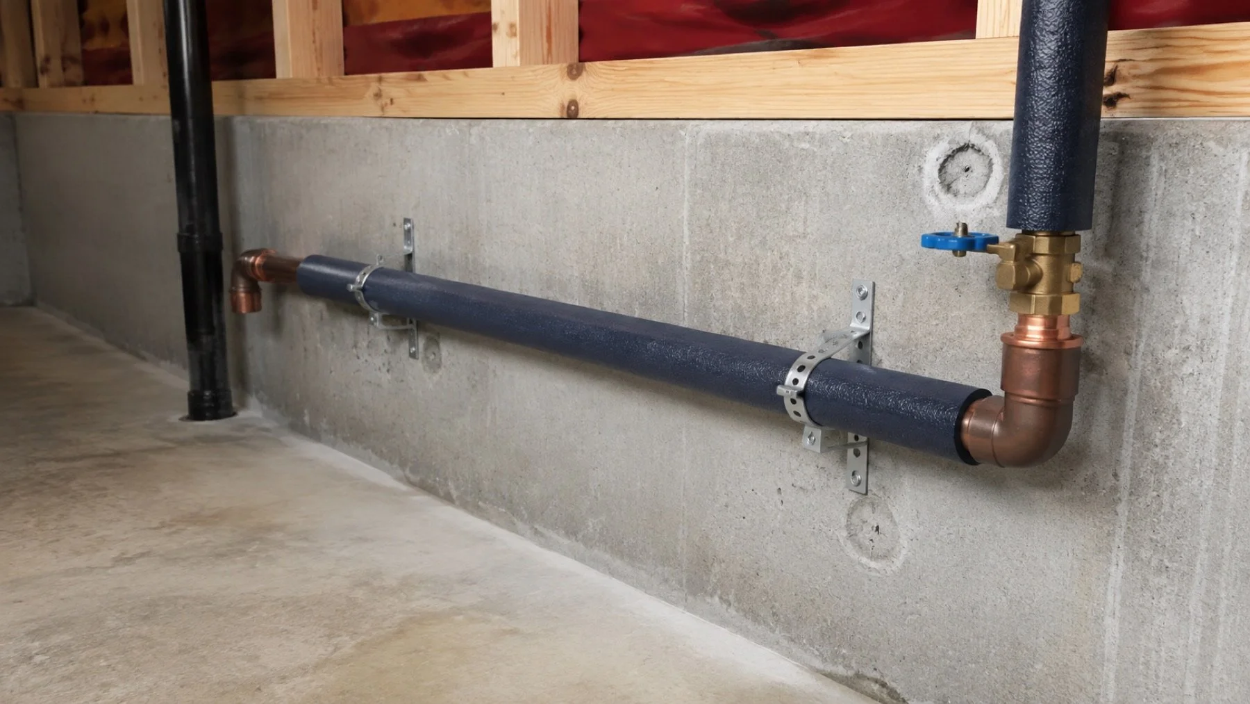 Insulated water pipe near a basement exterior wall