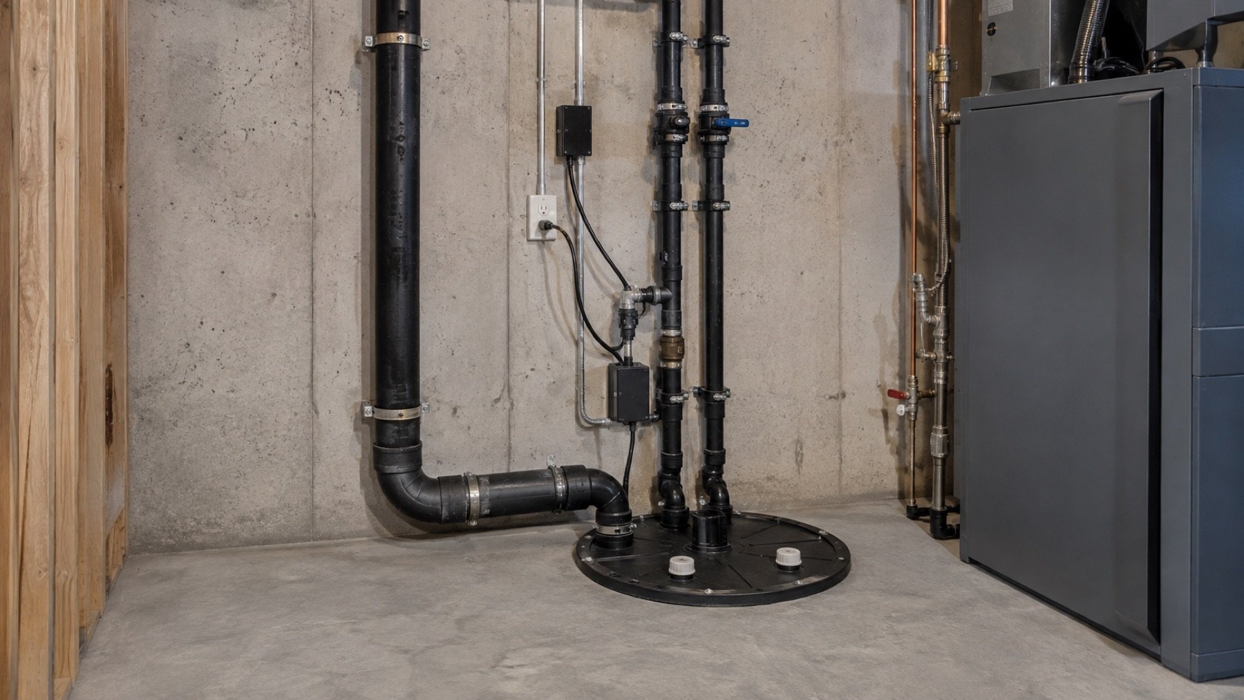 Closed sewage ejector basin with accessible basement piping