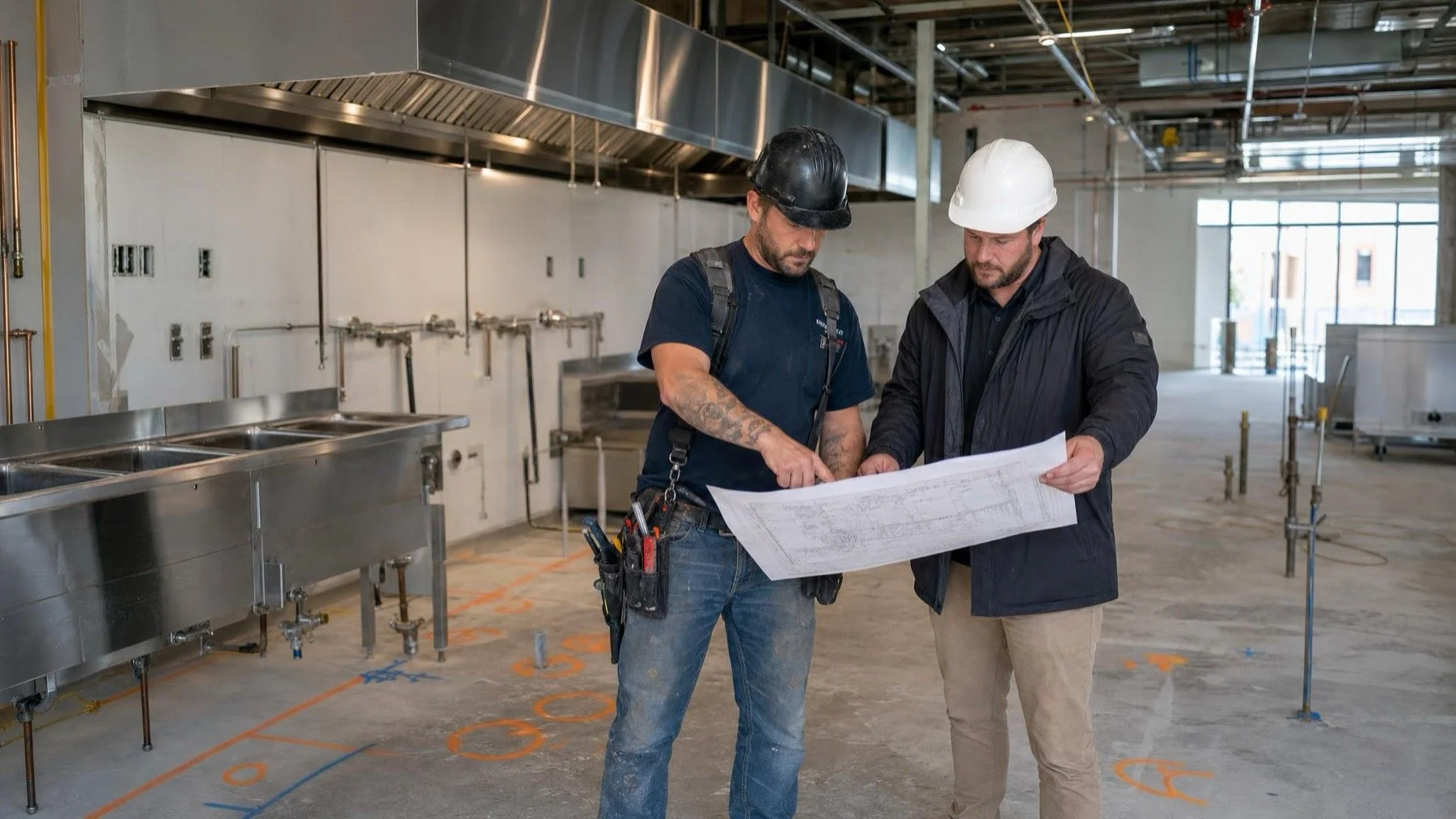 Plumber and contractor reviewing a restaurant kitchen equipment plan in an unfinished GTA build-out