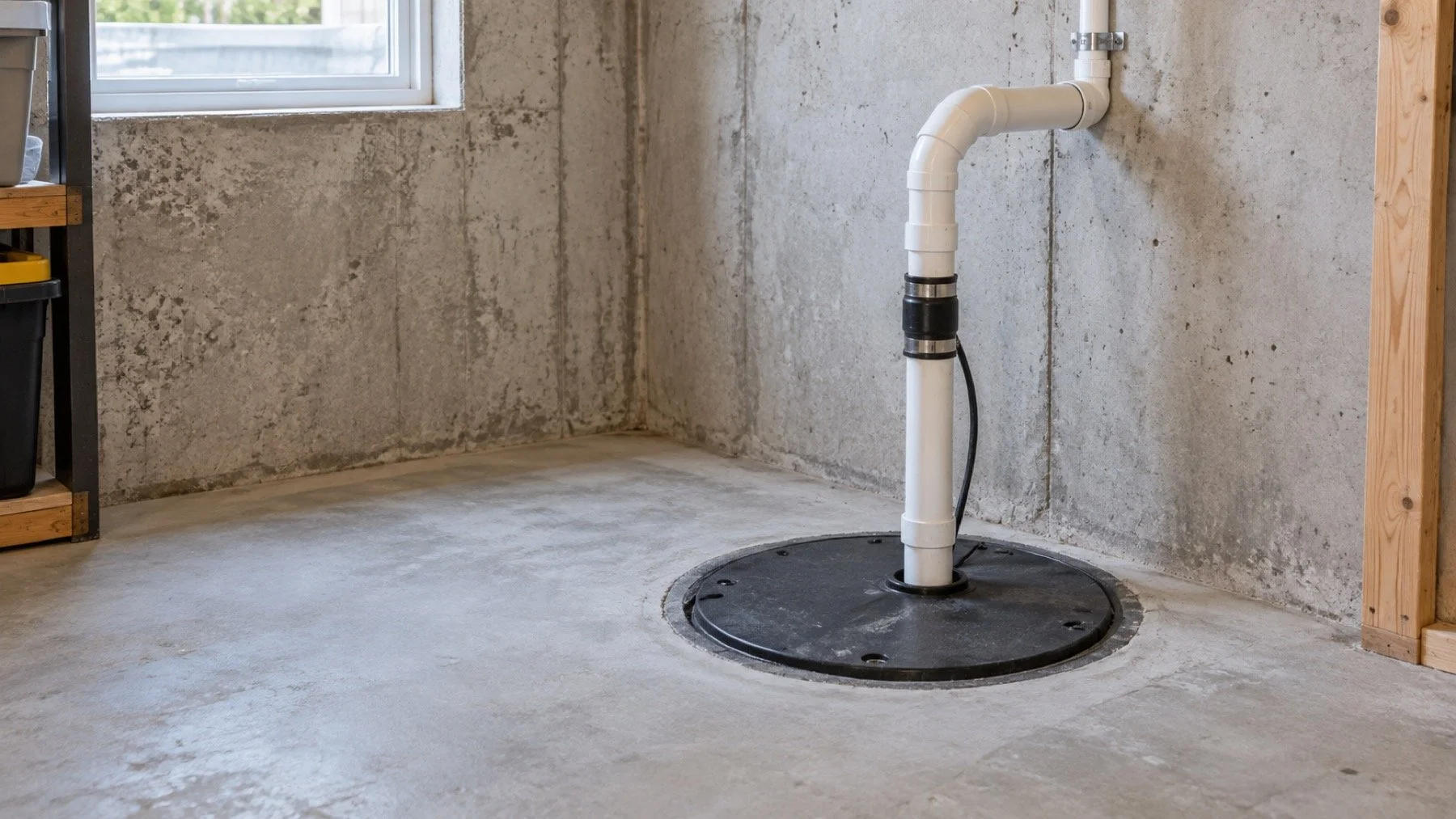 Sump pit lid and discharge pipe in an unfinished basement