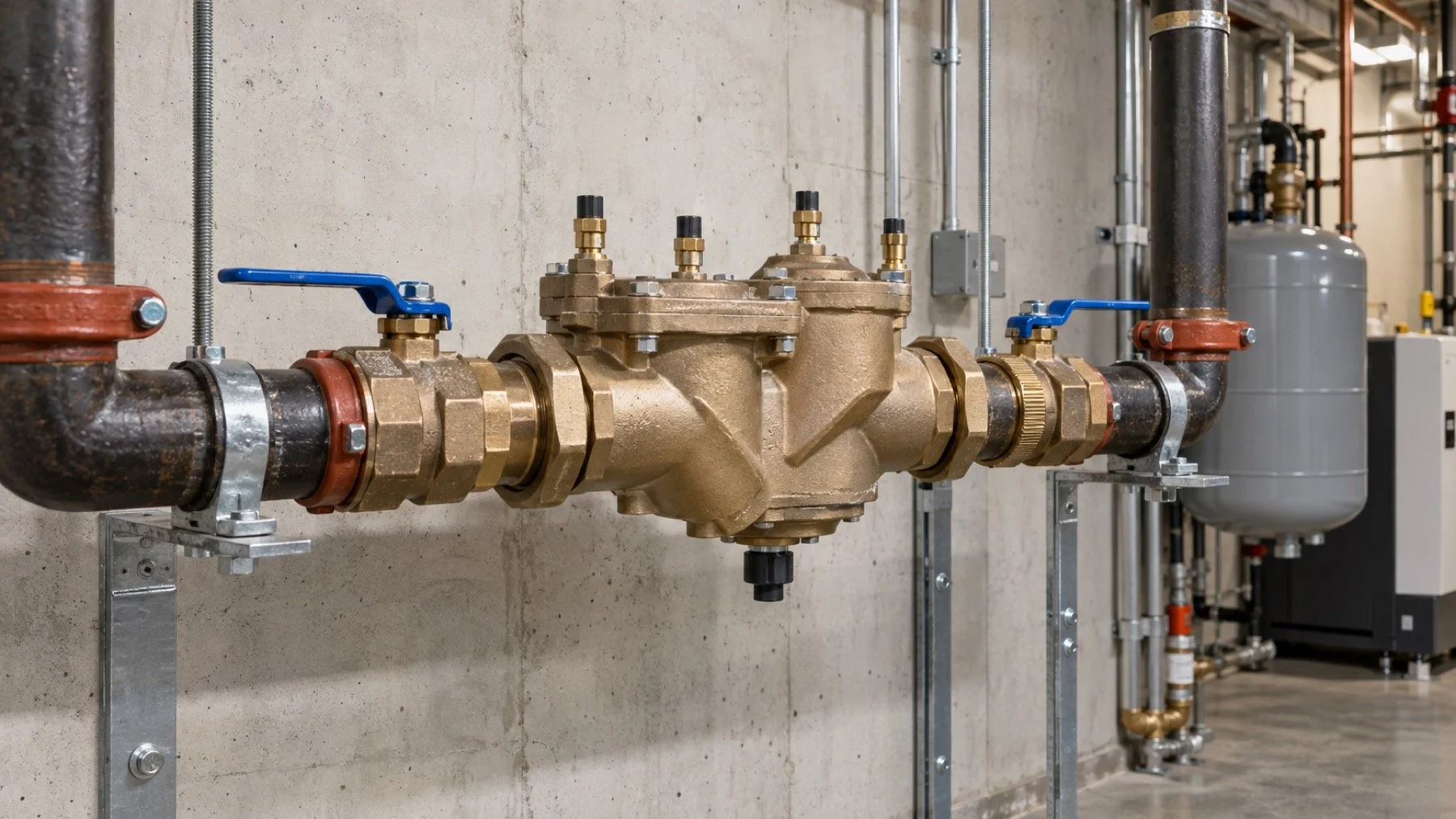 Backflow prevention assembly on an incoming water line in a mechanical room
