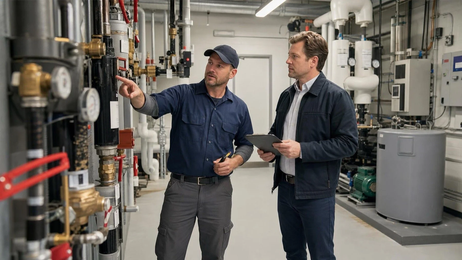 Plumber and property manager reviewing a commercial plumbing maintenance checklist in a GTA mechanical room