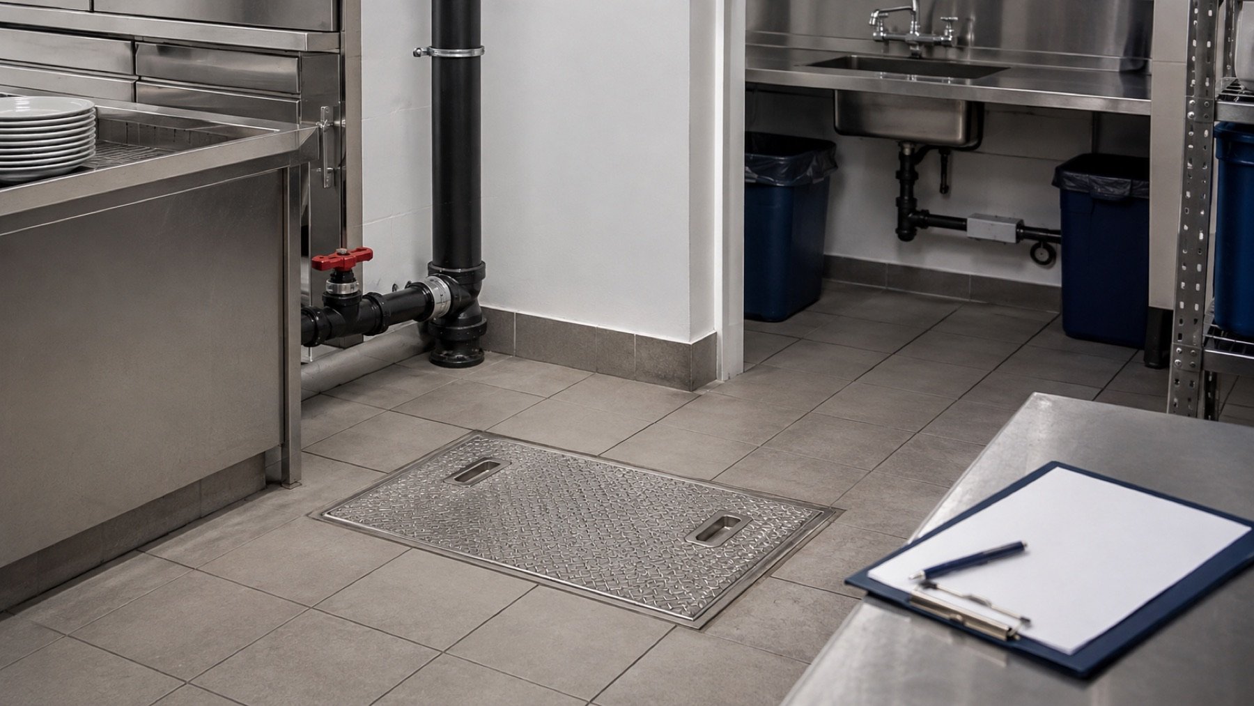 Accessible grease interceptor in a commercial kitchen service area