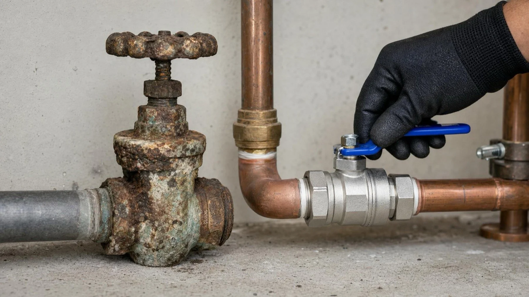 Seal Plumbing plumber testing a new quarter turn shut off valve beside an older corroded valve