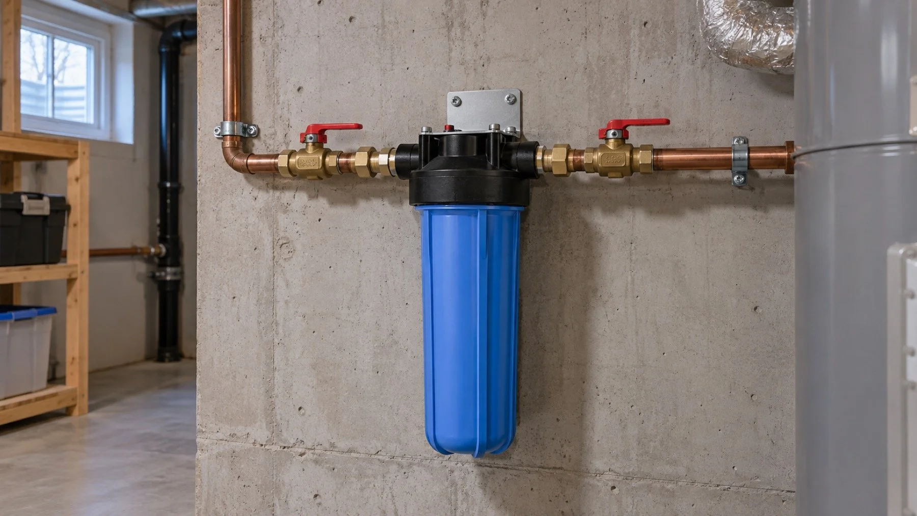 Whole home water filter housing plumbed into a basement main line with shutoff valves
