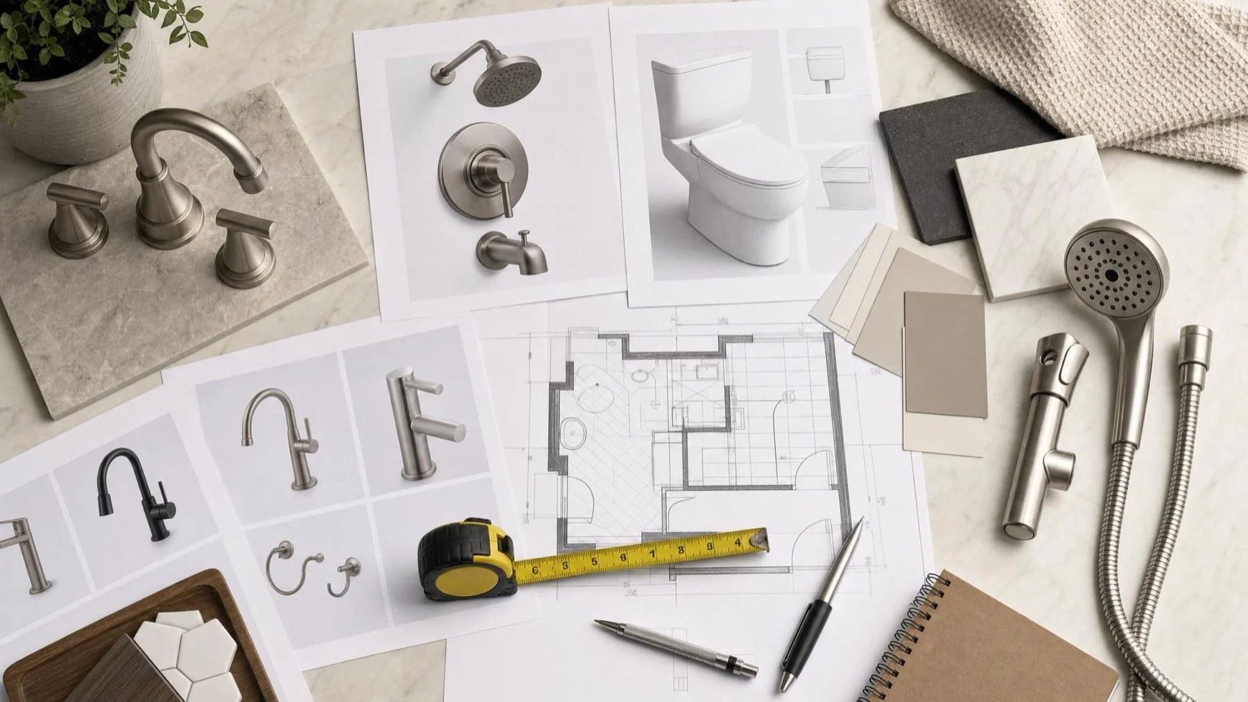 Bathroom fixture specification sheets, plumbing plan, and tape measure prepared before rough in