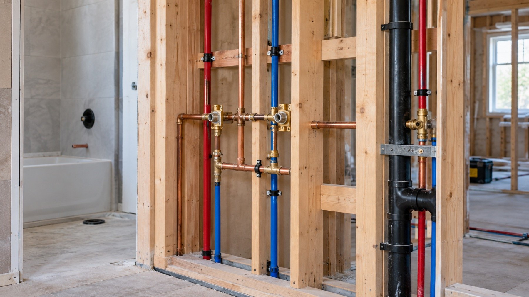 Hot and cold supply lines roughed in through open framing