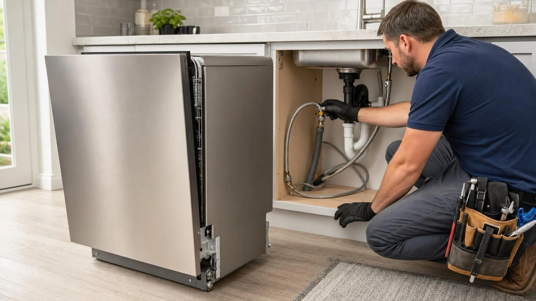 Plumber checking a dishwasher supply line, shutoff valve, and high loop drain connection under a kitchen sink