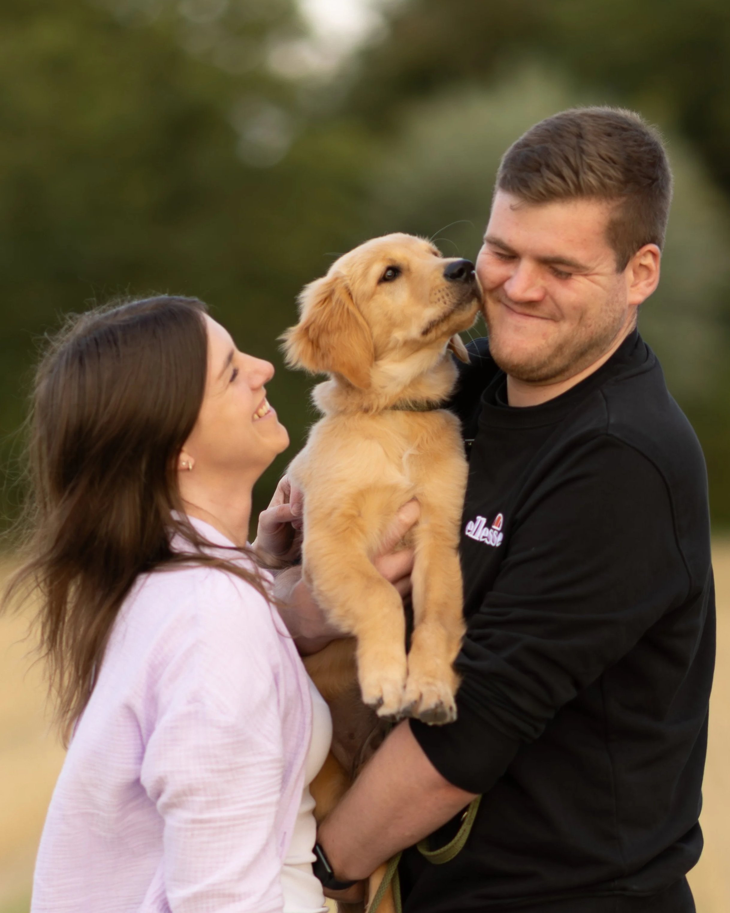 Ein Mann und eine Frau halten gemeinsam einen goldenen Labrador-Welpen in den Armen, beide lächeln glücklich, im Hintergrund ist ein unscharfer, grüner, natürlicher Außenbereich.