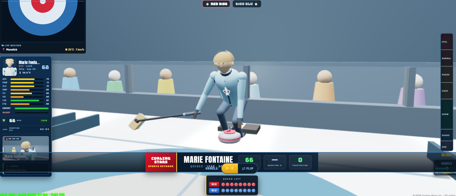 Curling Stars gameplay with broadcast overlay, live player stats and shot controls