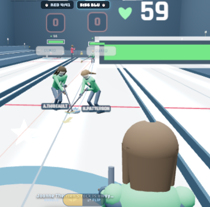 View from behind the thrower as teammates sweep the running stone