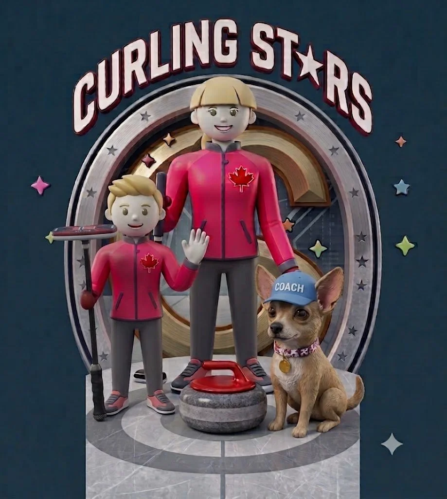 Curling Stars artwork: two curlers in red jackets with Turkey the chihuahua coach