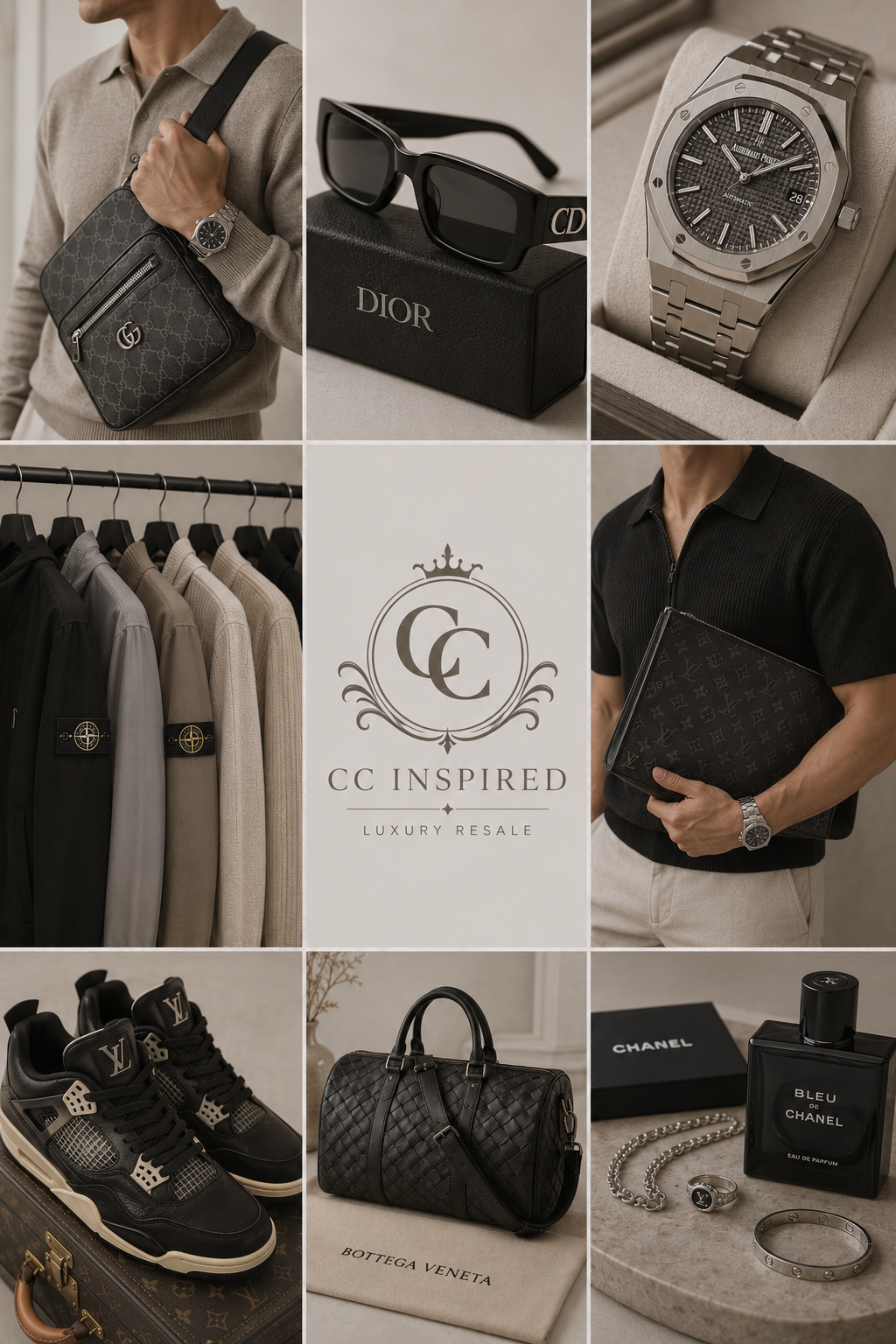 A collage of luxury fashion items including two male wristwatches, sunglasses, designer handbags, sneakers, designer clothing on hangers, and jewelry.