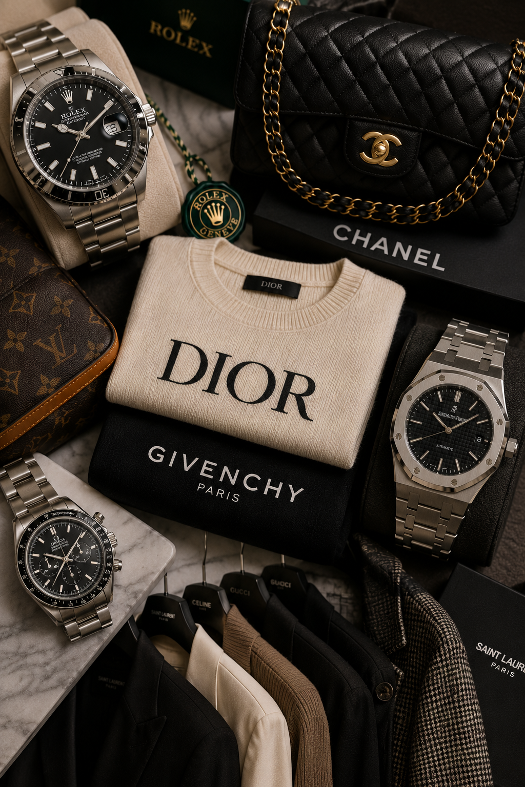 Luxury accessories and clothing, featuring a Rolex watch, a Chanel purse, a Dior sweater, and designer clothing on hangers from Gucci and Saint Laurent.