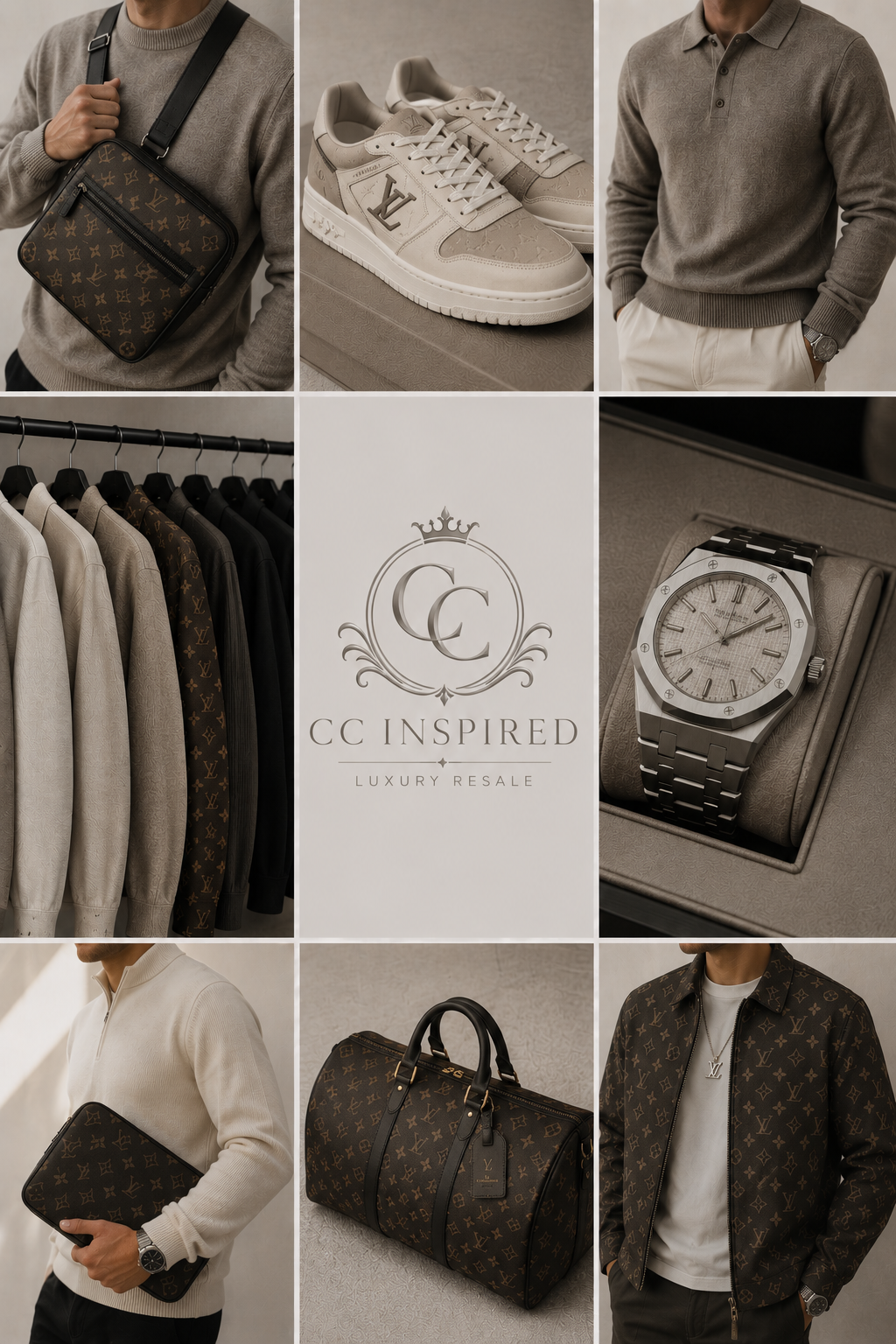 Luxury fashion collection including designer clothing, shoes, watches, bags, and accessories from Louis Vuitton, displayed in a collage for CC Inspired Luxury Resale.