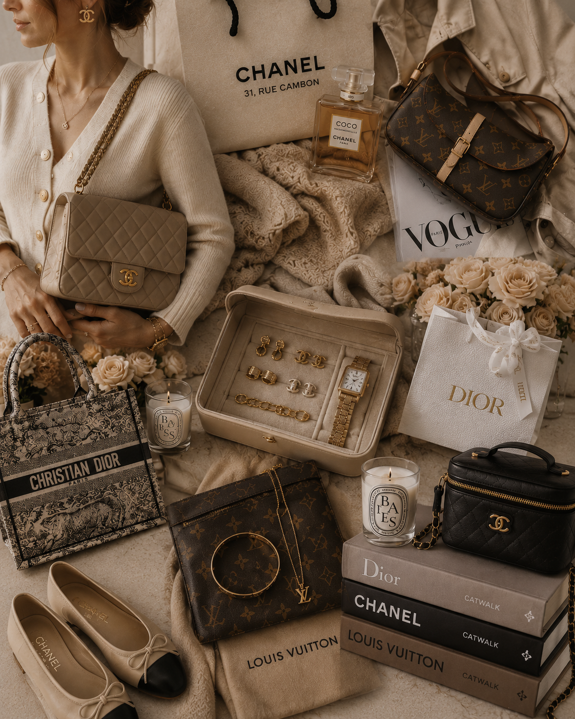 A woman surrounded by luxury designer items including handbags from Chanel, Louis Vuitton, Dior, and Christian Dior, jewelry, designer shoes, perfumes, candles, books, and floral arrangements, all arranged on a soft beige surface.