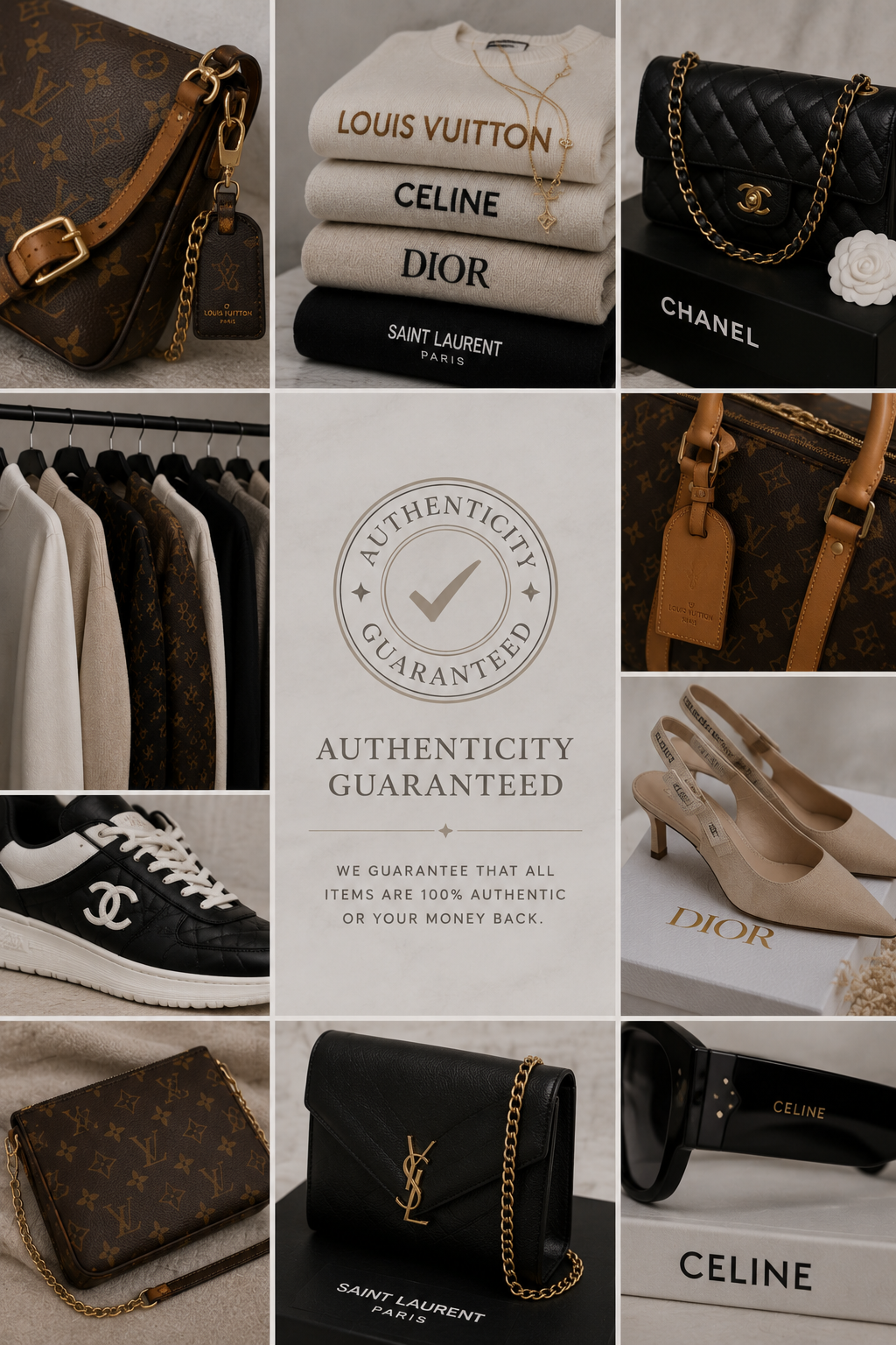 Collection of luxury designer accessories including handbags, shoes, jewelry, and clothing, with a central authentication guarantee badge.