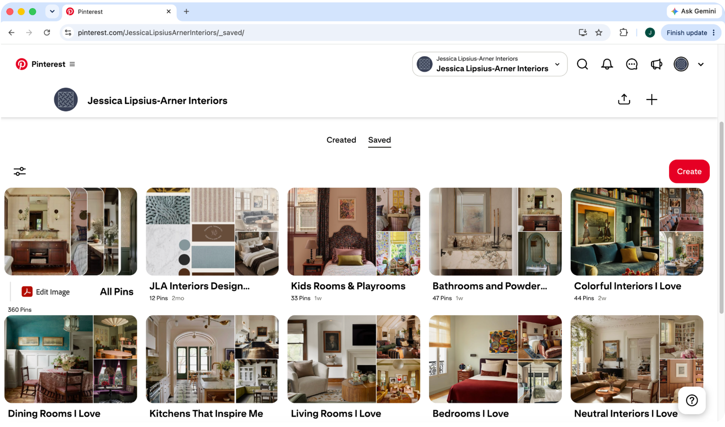 Pinterest inspiration boards organized by interior design style, room type, colors, materials, and design ideas used to create a cohesive home design plan.