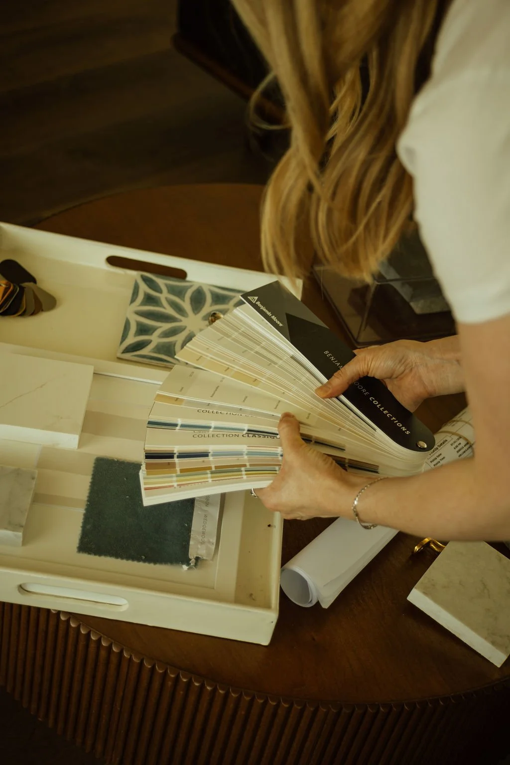 Interior design materials, finish samples, and color selections curated for a residential design project.