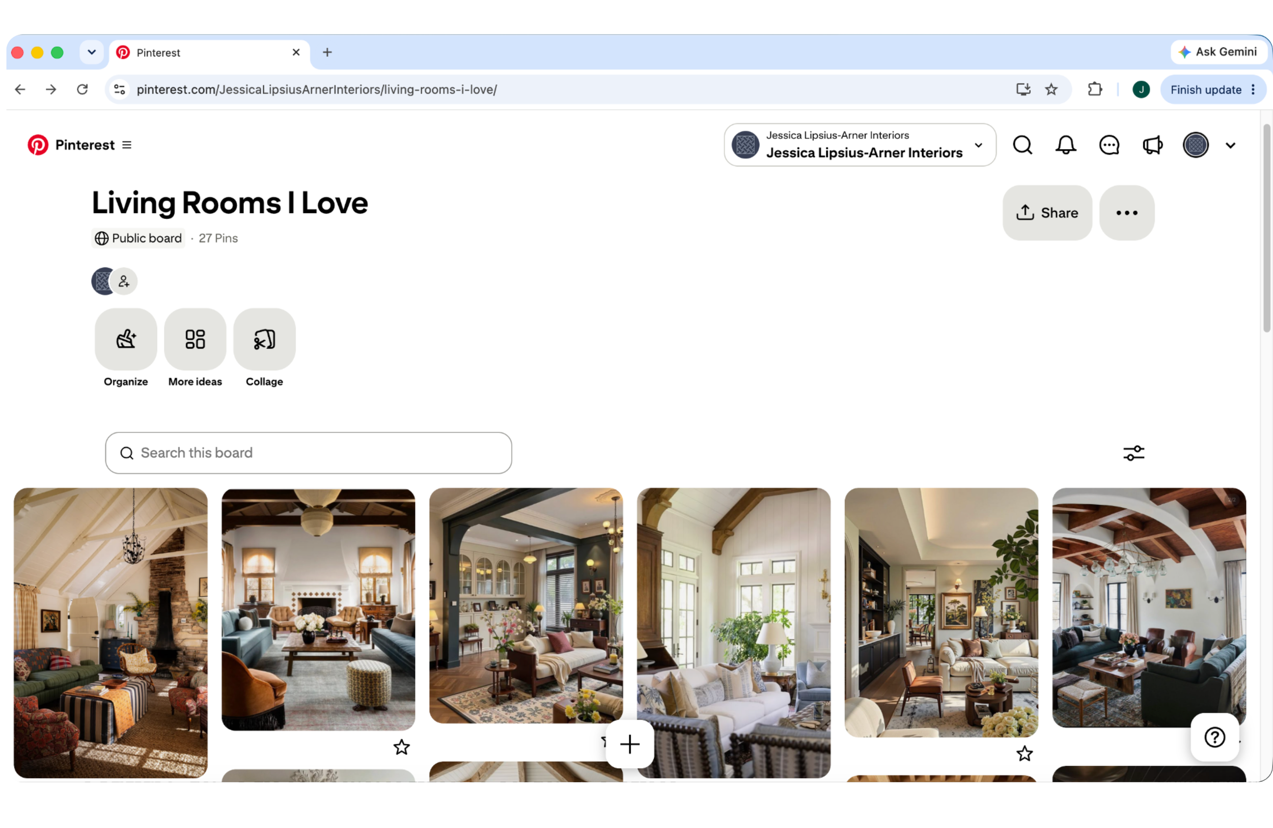 Pinterest board featuring saved living room inspiration images with repeating colors, materials, architectural details, and furniture styles.