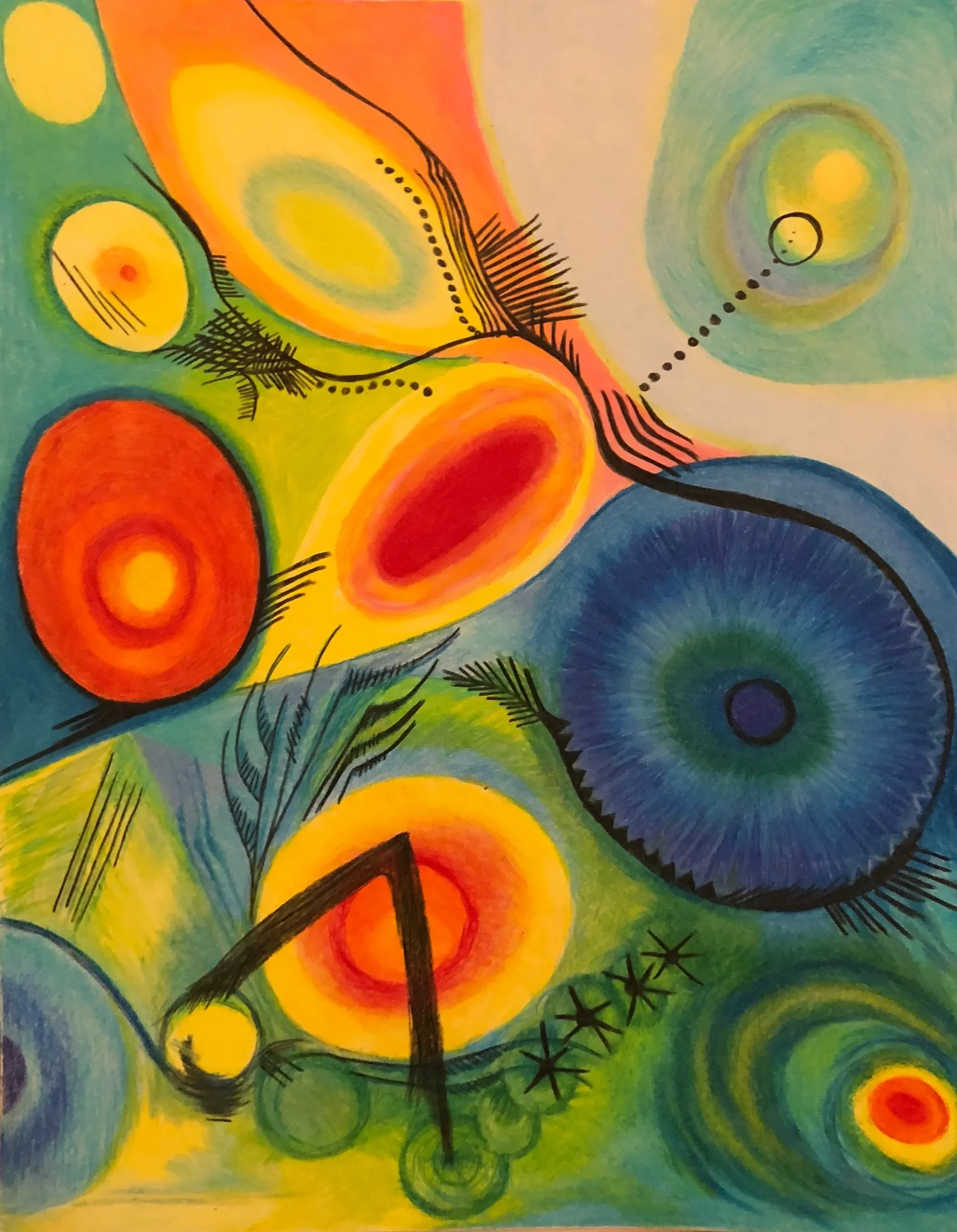 Abstract colorful painting featuring vibrant circles, lines, and spirals in hues of yellow, orange, blue, green, and black.
