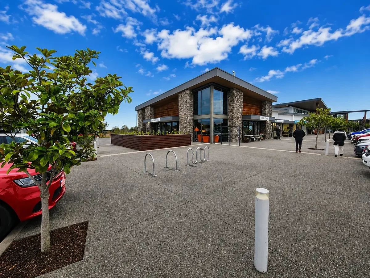 Main entrance and shops at Silverstream Retail Village in Kaiapoi, North Canterbury