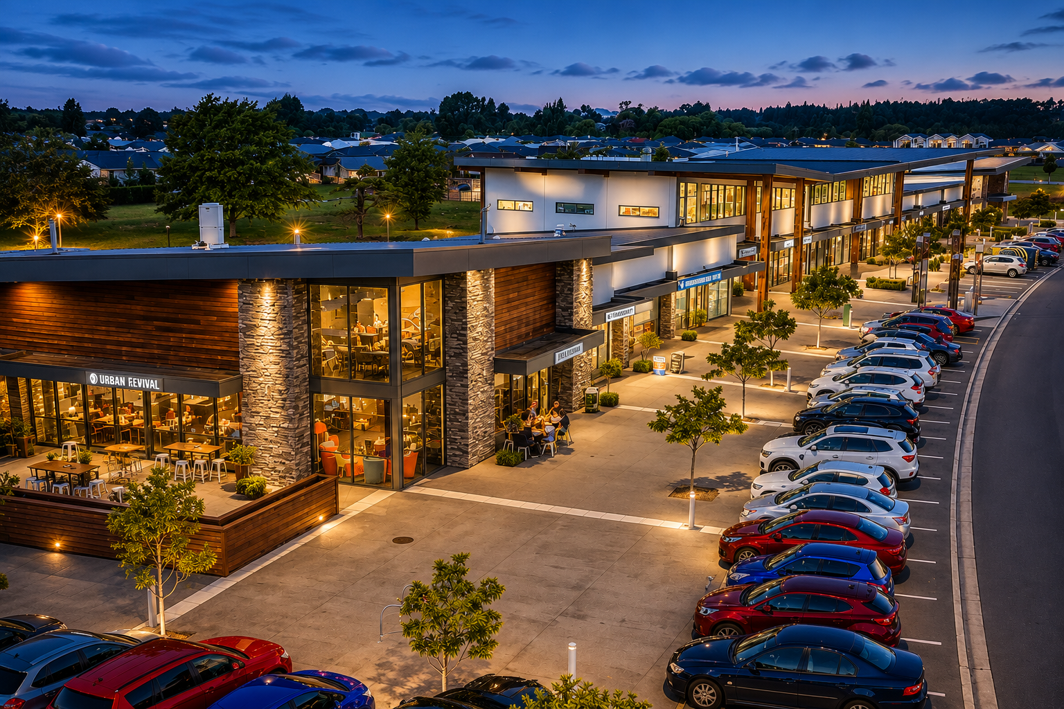 Twilight aerial view of Silverstream Retail Village in Kaiapoi, North Canterbury showing shops, cafés, customer parking and the main village precinct.