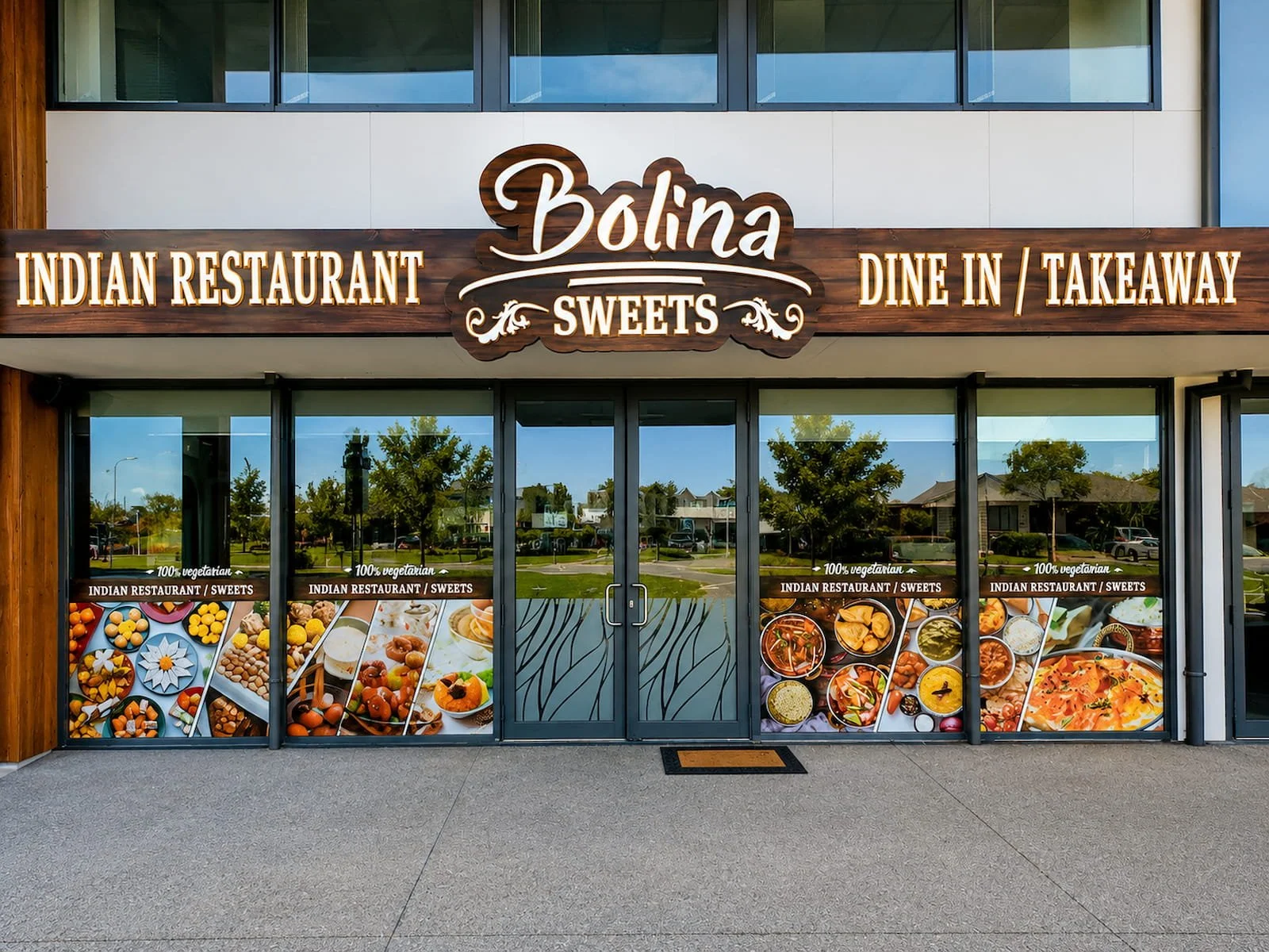 Bolina Sweets & Indian Restaurant storefront at Silverstream Retail Village in Kaiapoi offering authentic Indian cuisine, vegetarian meals, dine-in and takeaway.