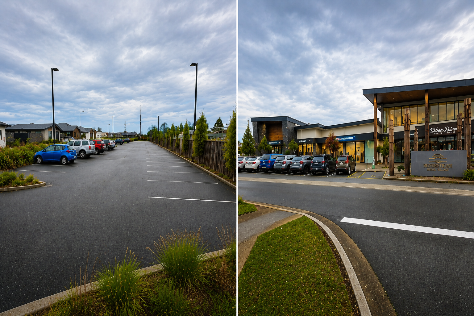 Large customer car park at Silverstream Retail Village in Kaiapoi, North Canterbury with convenient parking close to shops, cafés and professional services.
