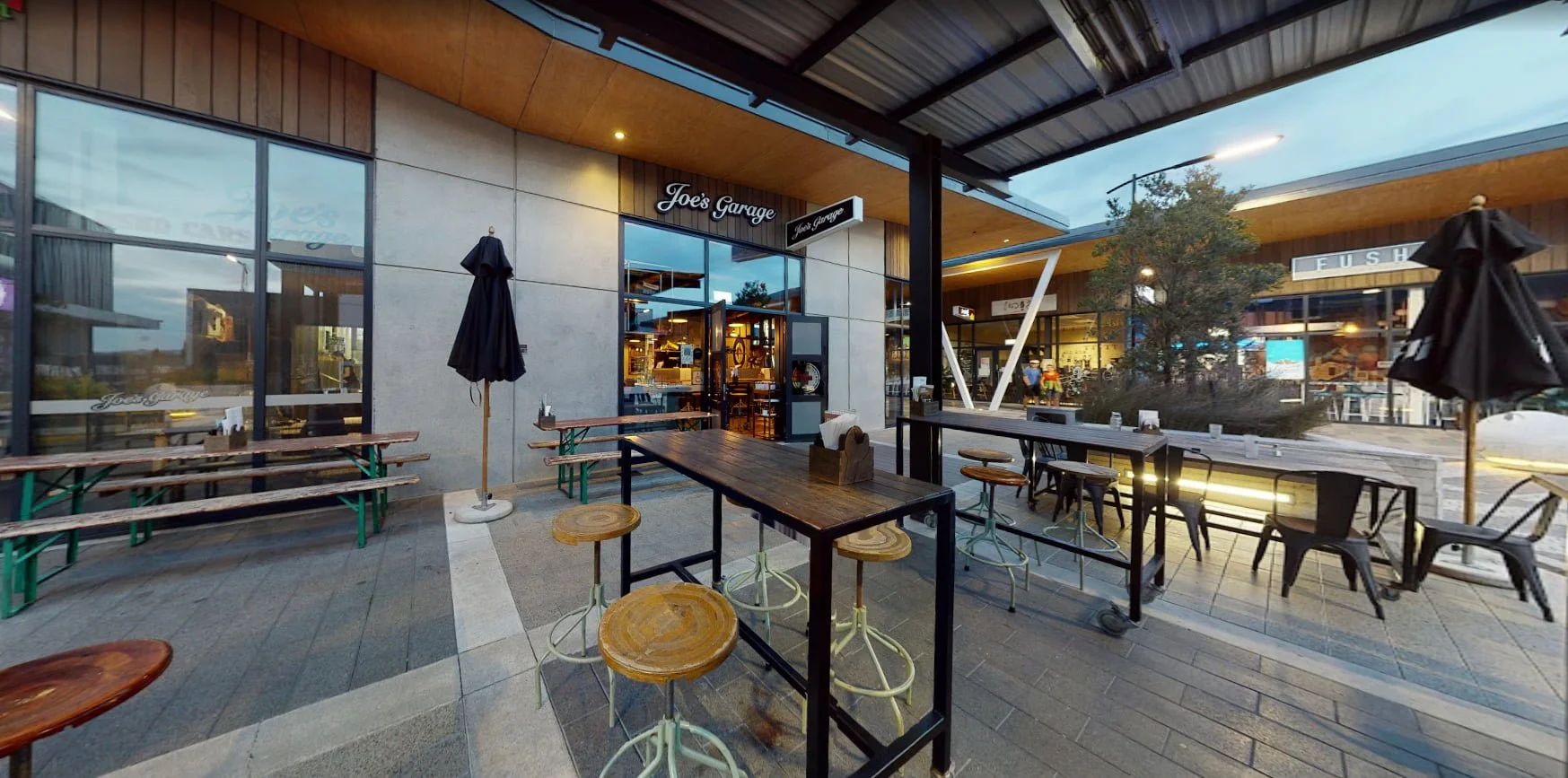 Joe’s Garage café and outdoor dining area at The Landing Wigram in Christchurch.